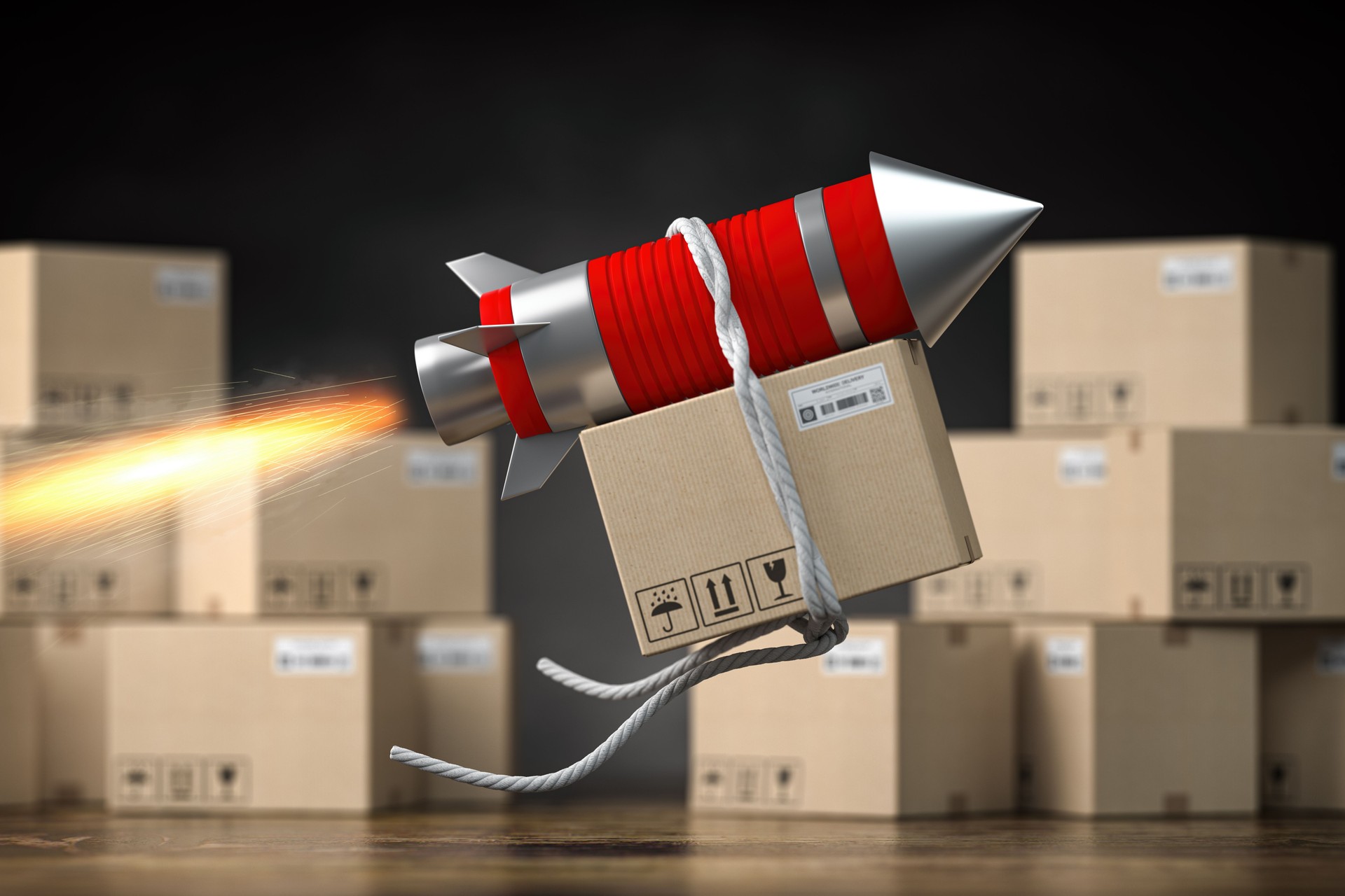 Paquete de entrega rápida o concepto de paquetería. Cohete con caja de cardpoard.